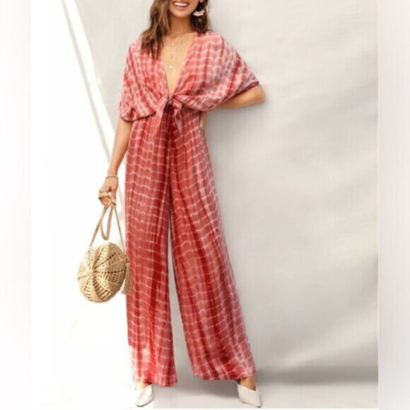 Plunging Neck Knot Front Tie Dye Palazzo Jumpsuit - Picture 2 of 3